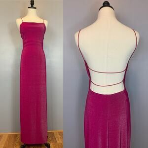 Vtg 90s Y2K City Triangles Open Back Strappy Hot Pink Metallic Bodycon Dress Med
